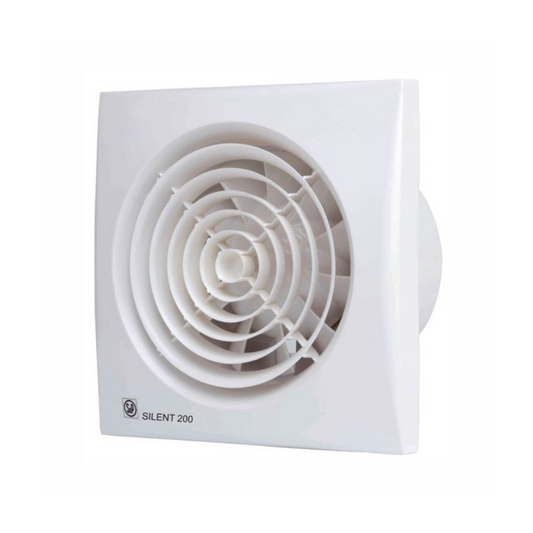 Ventilators SILENT 200 CHZ ar gultņa motoru, laika releju, mitruma sensoru un vārstu, balts, 220-240V, paredzēts likt iekšā 120mm caurumā, S&P