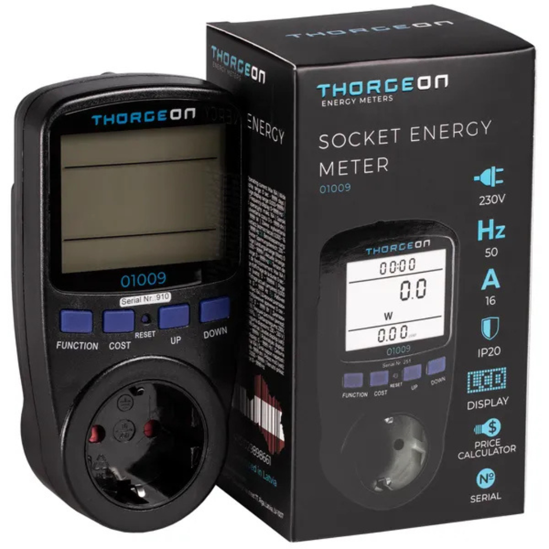 Elektroenerģijas skaitītājs 1F 16A LCD displejs, melns, Rozetē