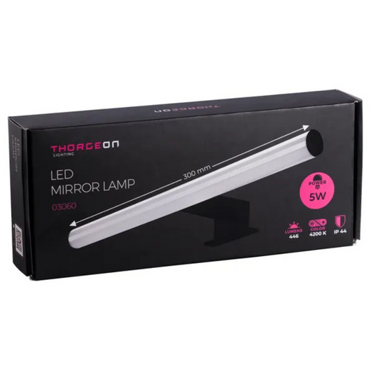 Gaismeklis LED spogulim, 5W, 446lm, 30cm, IP44, melns matēts, THORGEON