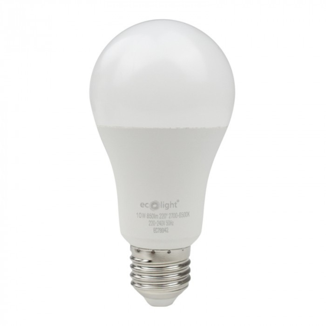 LED spuldze 10W, E27, A60, 850Lm, 2700-6500K + RGB, 220-240V AC, WiFi, ar vadības iespēju no telefona - Tuya, ECOLIGHT
