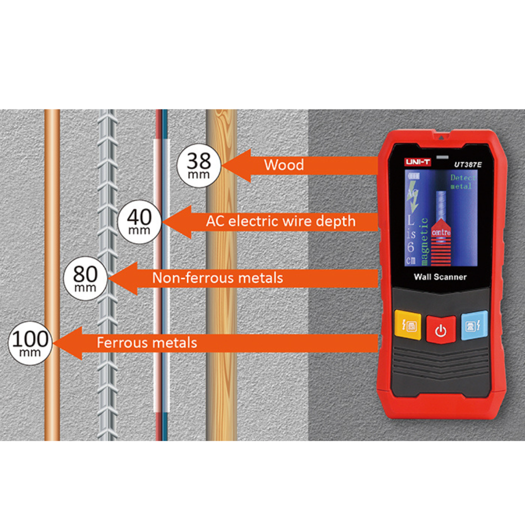 Kabeļu, kabeļu zem sprieguma, metāla un koka detektors UT387E, UNI-T