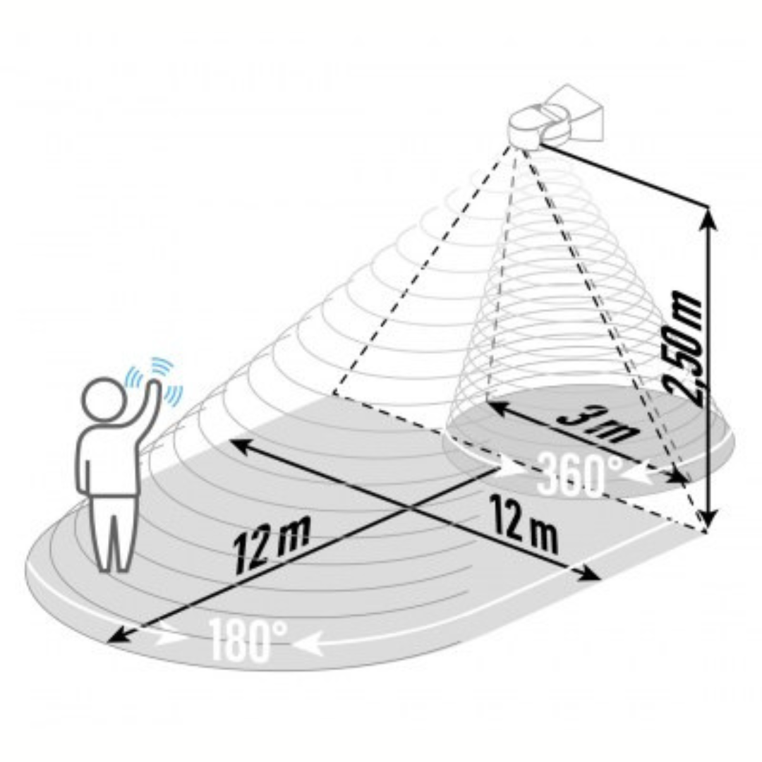 Kustības sensors ar WiFi vadību, virsapmetuma, melns, 180 grādi, 12m rādiuss, IP65, 1200W, ALIO PRO MS-180-12BBt WiFi, VEXEN