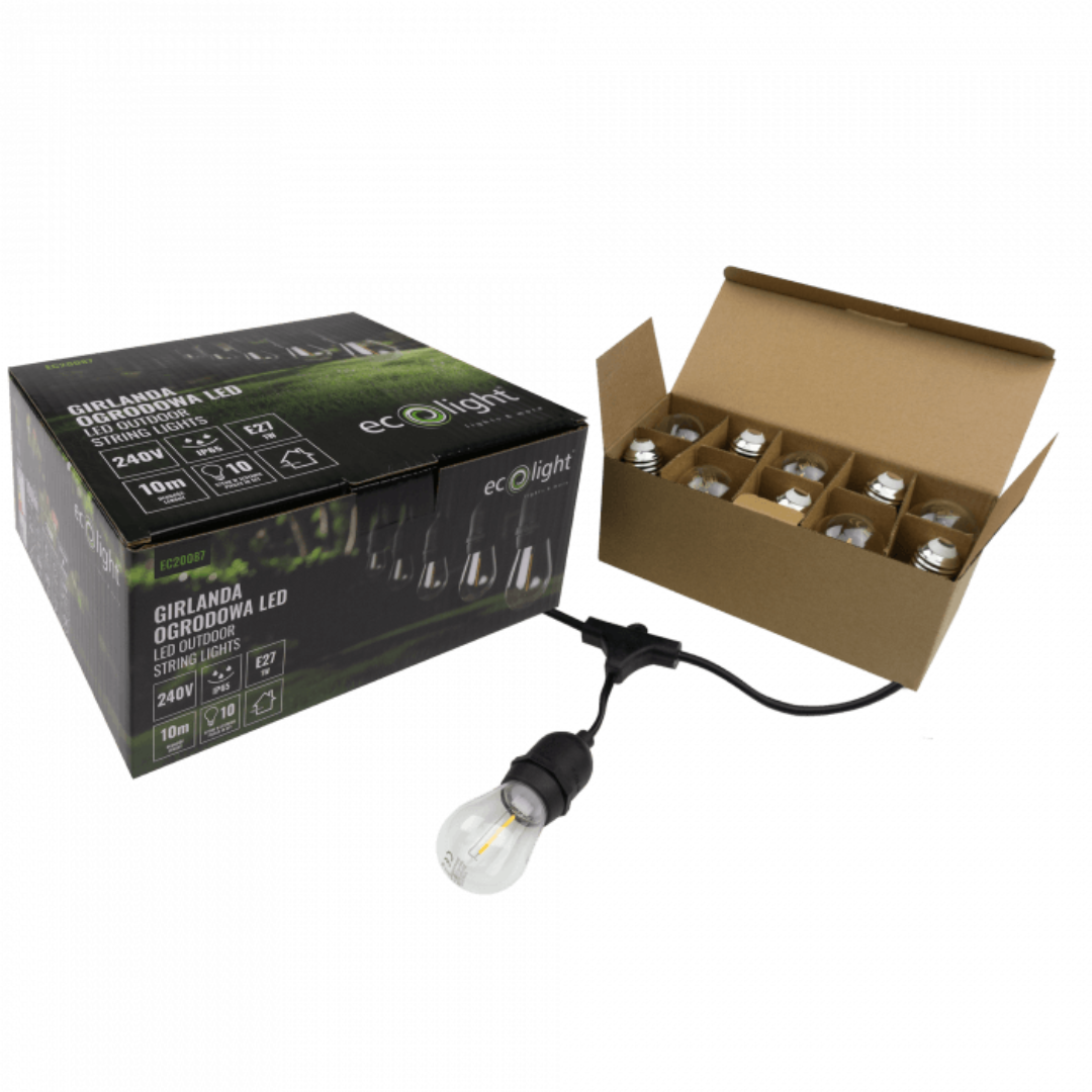 Spuldžu dārza virtene ar 10 patronam uz E27, ar 1W LED spuldzēm komplektā, 2700K, āra teritorijām un iekštelpām, garums 10m (var savienot savā starpā vairākas), IP44, ECOLIGHT
