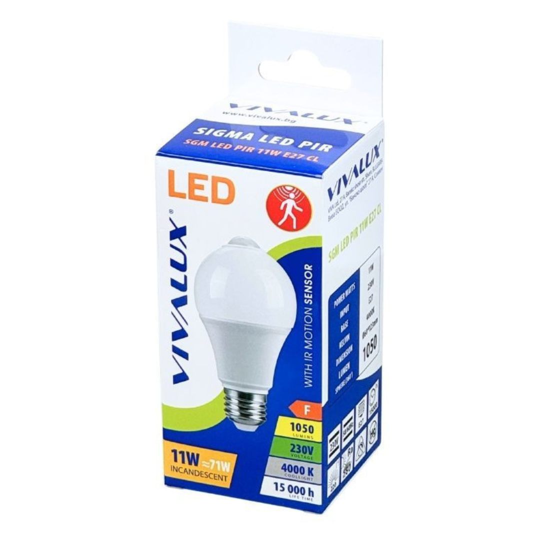 LED spuldze ar kustības sensoru, 11W, E27, 4000K, 15000h, 1000lm, VIVALUX