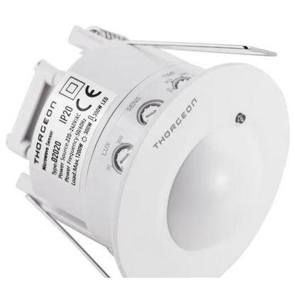 Mikroviļņu kustības sensors, balts, zemapmetuma, 360 grādi, 6m darbības radius, IP20, 300W, Thorgeon