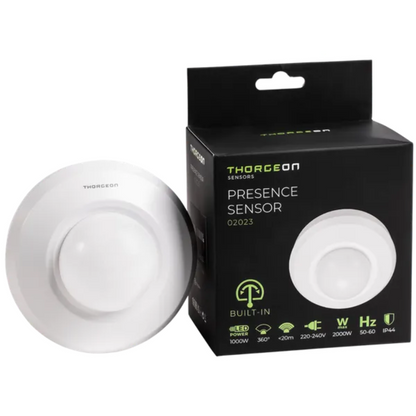 Klātbūtnes sensors balts, virsapmetuma / zemapmetuma, 360 grādi, 20m darbības radius, IP44, 1000W, Thorgeon