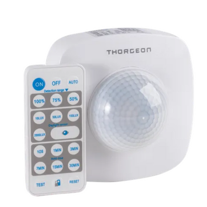 Klātbūtnes sensors ar pulti, balts, virsapmetuma, 360 grādi, 20m darbības radius, IP65, 2000W, Thorgeon