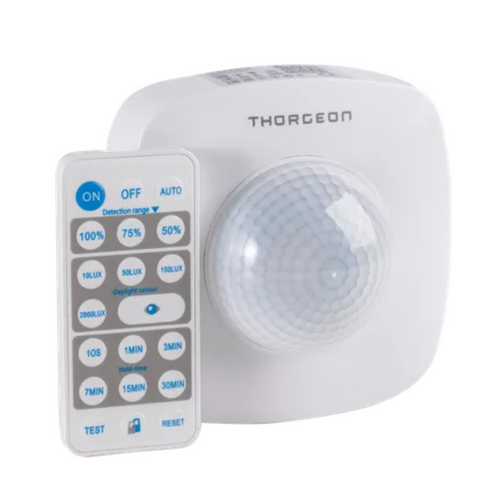 Klātbūtnes sensors ar pulti, balts, virsapmetuma, 360 grādi, 20m darbības radius, IP65, 2000W, Thorgeon