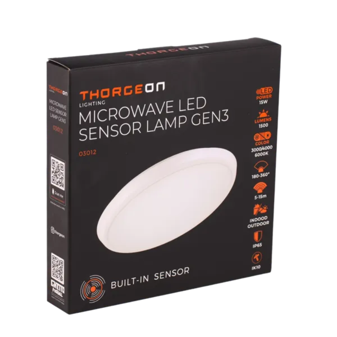 Mikroviļņu sensora lampa / plafons, SLIM, 15W, 3000K/4000K/6000K, 1500Lm, IP65, IK10, sensora darbības distance 4-16m, THORGEON