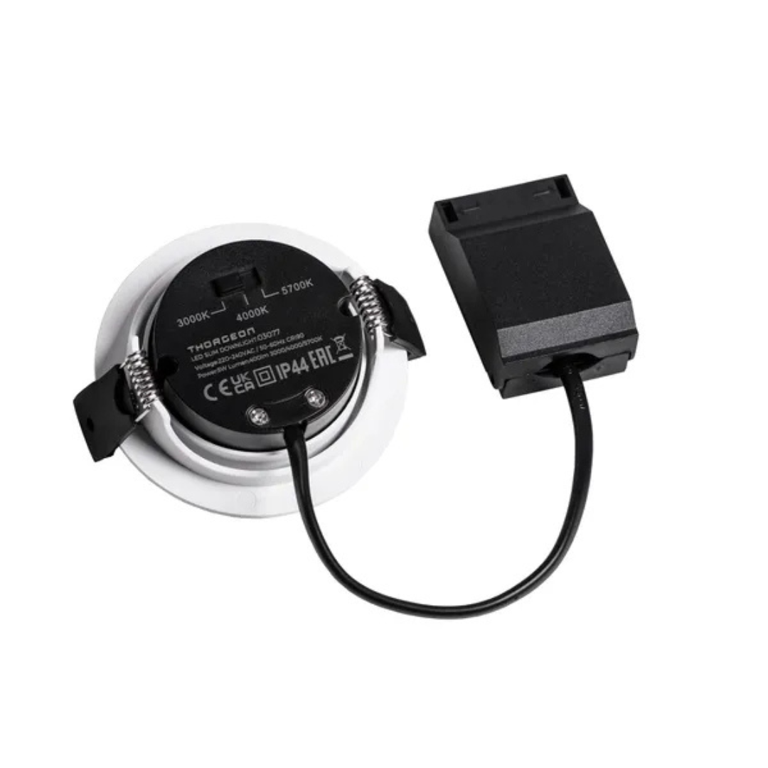 Gaismeklis LED, iebūvējams, plāns, 5W, 3000K/4000K/5700K, 400Lm, IP44, 50°, CRI>90, dimmējama, 70-75mm cauruma diametrs, ar iekšējo draiveri, RAL9003, THORGEON