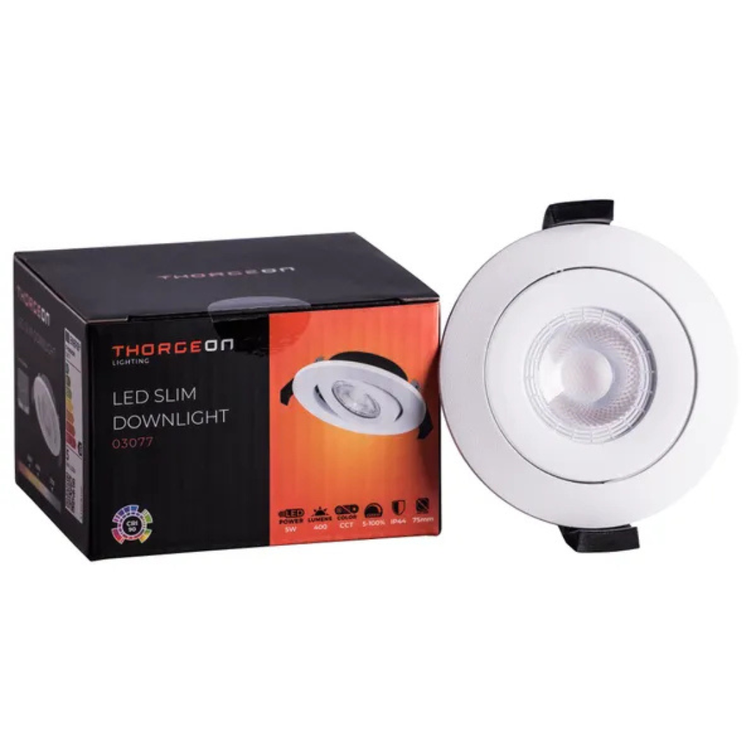 Gaismeklis LED, iebūvējams, plāns, 5W, 3000K/4000K/5700K, 400Lm, IP44, 50°, CRI>90, dimmējama, 70-75mm cauruma diametrs, ar iekšējo draiveri, RAL9003, THORGEON