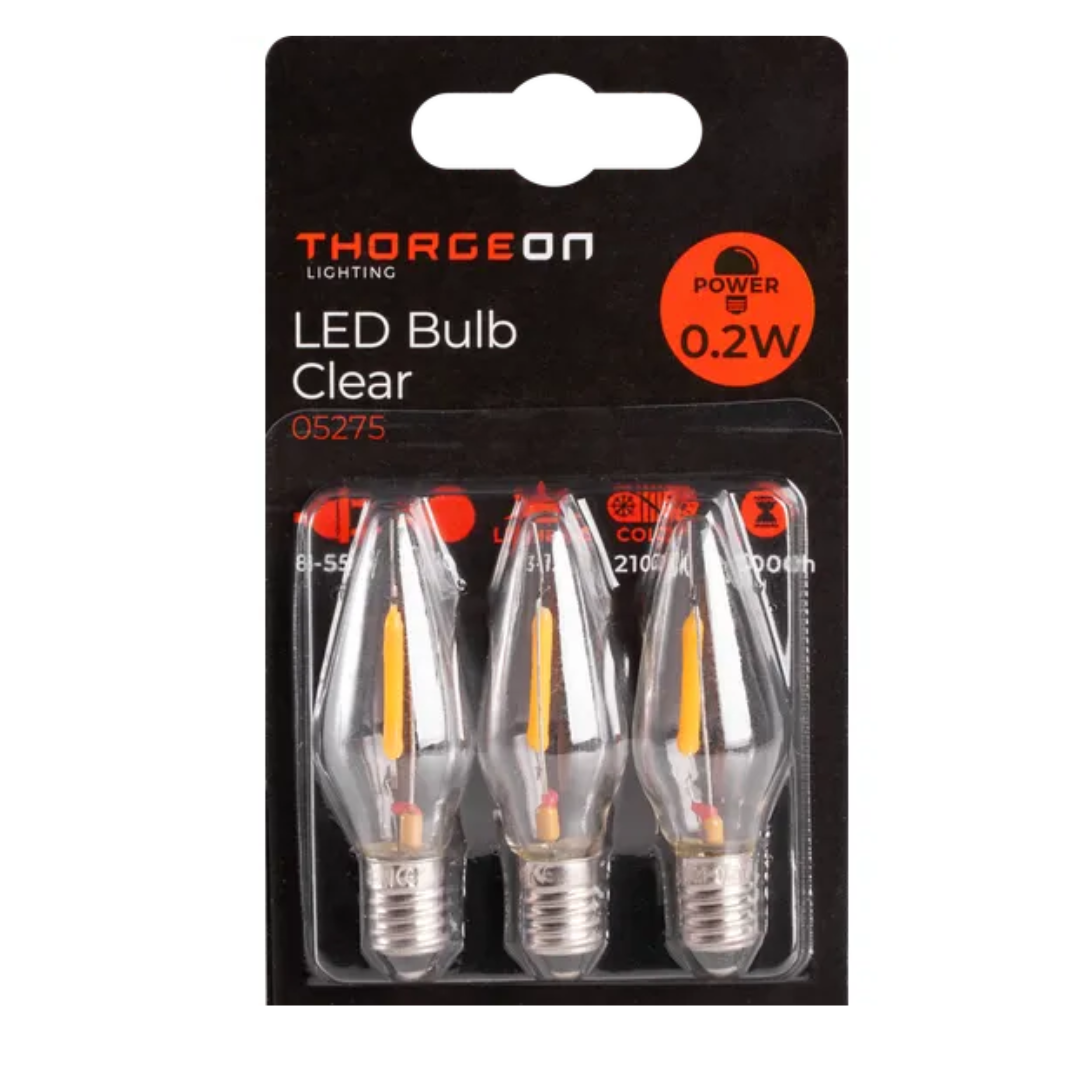 LED Spuldze "svece" der Ziemassvētku svēčturiem, dekorācijas apgaismojums, caurspīdīgs stikls, 3 gabalu komplekts, 0.2W, E10, siltais spektrs 2100K, 12lm, 8-55V