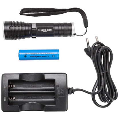 LED lukturis, 10W, 800Lm, IP44, iebūvēts akumulators 2300mAh, darbības laiks līdz 5 stundām, izgaismo līdz 300m, THORGEON