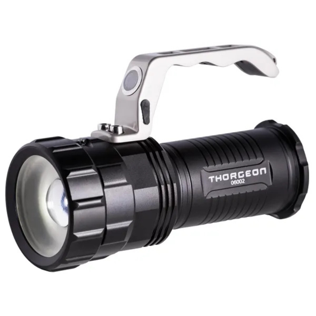 LED lukturis, 10W, 800Lm, IP44, akumulators 3x2300mAh, darbības laiks līdz 10 stundām, izgaismo līdz 800m, izmēri 165x110x75mm, THORGEON