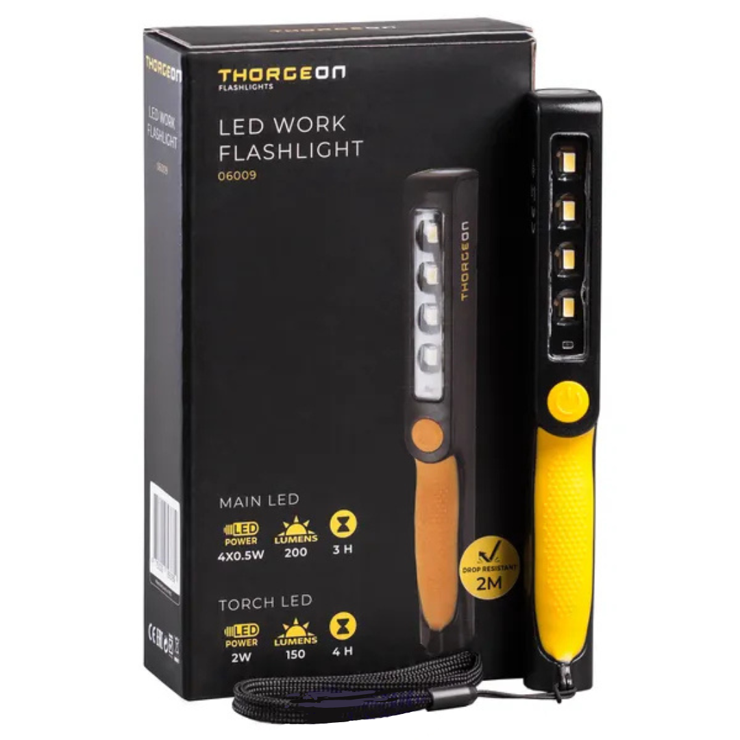 LED lukturis darbām ar magnētu, 2W + 4x0.5W, 200Lm, IP20, iebūvēts akumulators 1600mAh, darbības laiks līdz 4 stundām, THORGEON