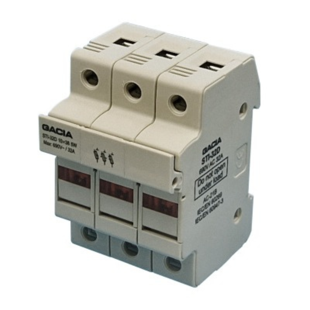 Cilindrisko drošinātāju 10x38 blokslēdzis, LED, 3P, 32A, 690V, STID-32-3, GACIA