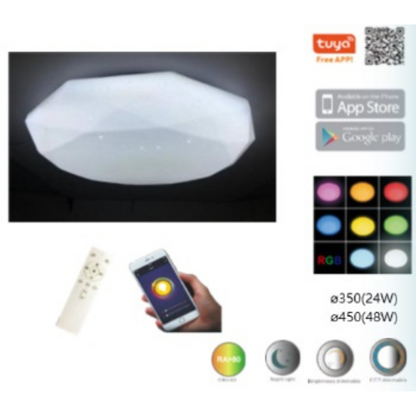 Griestu dimējams LED gaismeklis ar pulti, var vadīt arī caur viedtalruni, TUYA, 48W, SMD2835, RGB, 3600Lm, 3000-6500K, D510*H110 mm, Spector Light