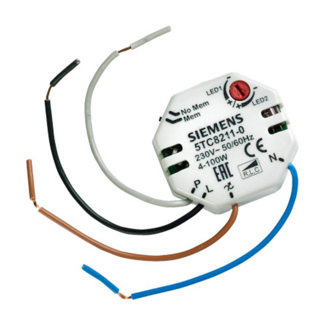 Dimmeris / Universāls reostata slēdzis, LED - 100W, 230V, LED regulēšana no 4 līdz 100W, vadība notiek ar tasterslēdzi, (Iet kopā ar: Siemens, Jung, ABB, Schneider Electric, Liregus, Legrand), 5TC8211-0, Siemens