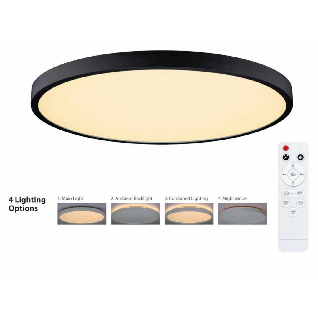 LED gaismeklis / plafons v/a, melns, ar dubulto apgaismojumu un tālvadības pulti ar dimmēšanas funkciju, 50W, 2700/3000/4000/5000/6000K, 5CCT, 6000lm, IP20, D500mm, h-30mm, LEDURO