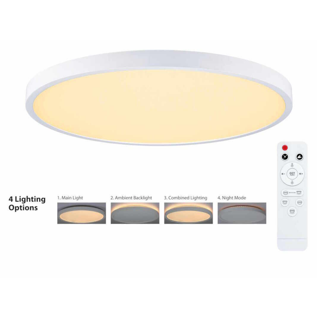 LED gaismeklis / plafons v/a, balts, ar dubulto apgaismojumu un tālvadības pulti ar dimmēšanas funkciju (100%-10%), 50W, 2700/3000/4000/5000/6000K, 5CCT, 6000lm, IP20, D500mm, h-30mm, LEDURO