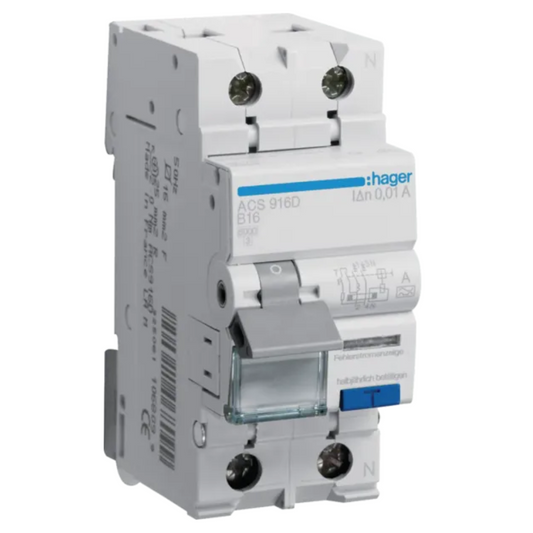 Kombinētais strāvas noplūdes automātslēdzis 1P+N 6kA B16 10mA, A type, QC, HAGER