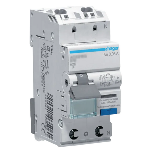 Kombinētais strāvas noplūdes automātslēdzis 1P+N 6kA B10 30mA, A type, QC, HAGER