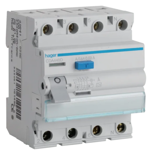 Noplūdes strāvas slēdzis 4P 40A 30mA, A type, HAGER
