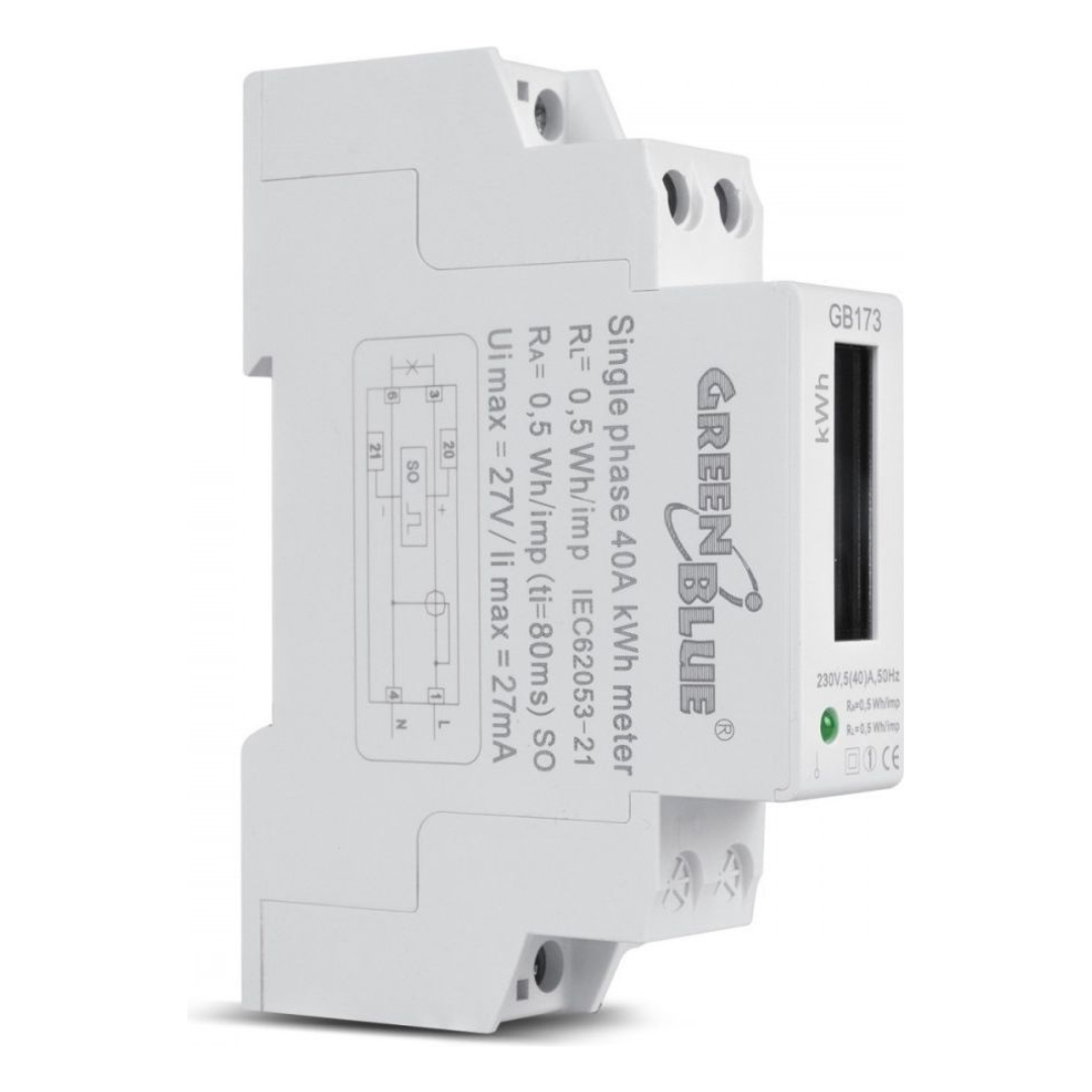 Elektroenerģijas skaitītājs 1F 40A LCD displejs, uz DIN sliedes, GreenBlue