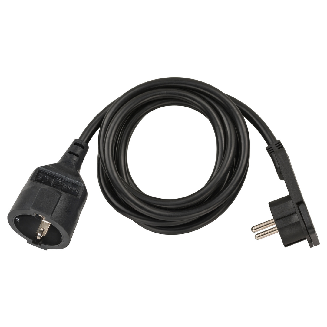 Pagarinātājs 2m, ar 1 palakanu rozeti, 3x1.5mm2 VV, melns, labi noder piemēram aiz mēbelēm kur ir maz vietas lai iespraust dakšu