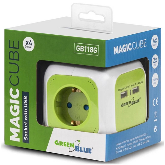 Strāvas sadalītājs / Pagarinātājs GreenBlue MagicCube GB118, vada garums 1.4m, Iezemētas 4 rozetes, USB Lādētājs 2 gab., krāsa balta/zaļa