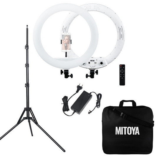 LED gredzena lampa MITOYA, komplekts, MTY18C BALTA 45cm + F200 statīvs