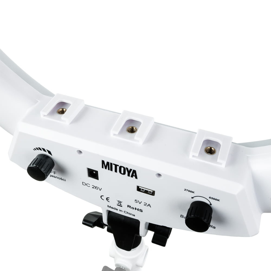 LED gredzena lampa MITOYA, komplekts, MTY18C BALTA 45cm + F200 statīvs