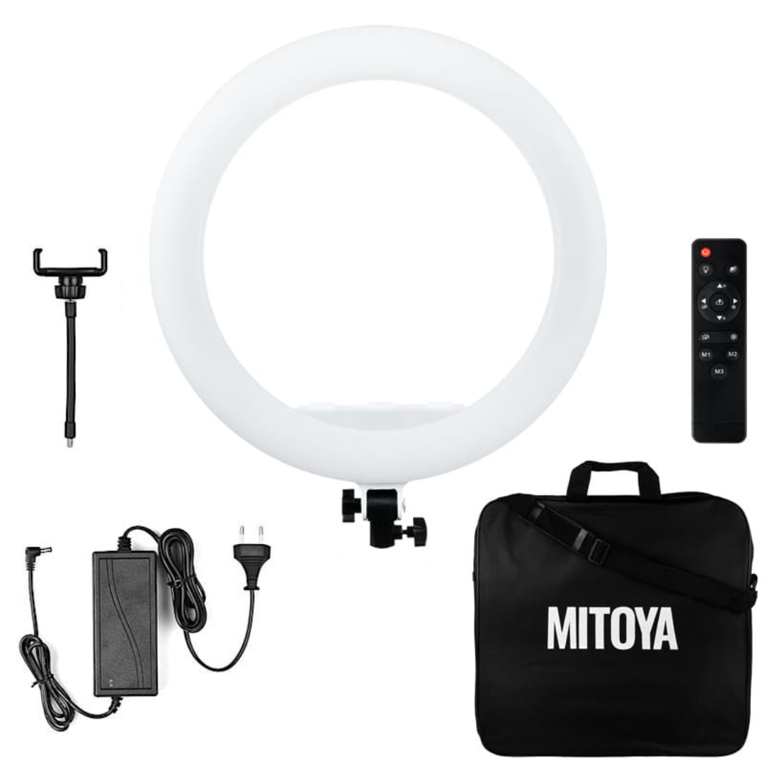 LED gredzena lampa MITOYA, komplekts, MTY18C BALTA 45cm + F200 statīvs
