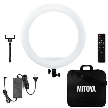 LED gredzena lampa MITOYA, komplekts, MTY18C BALTA 45cm + F200 statīvs