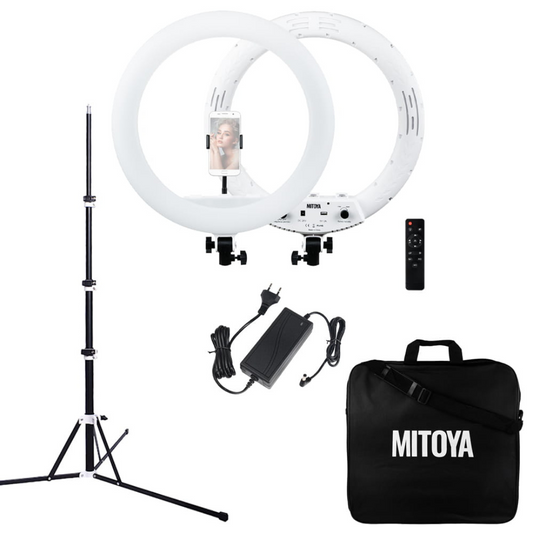 LED gredzena lampa MITOYA, komplekts, MTY18C BALTA 45cm + JOGAS statīvs