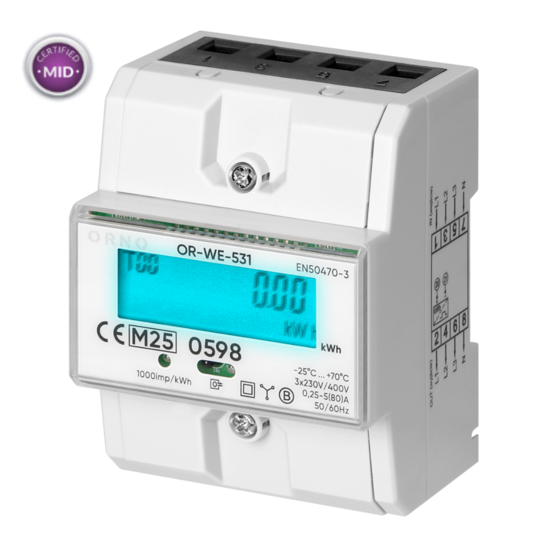 Elektroenerģijas skaitītājs 3F ar LCD displeju, aizņem 4.5 mod., ar MID sertifikātu, 80A, uz DIN sliedes, OR-WE-520, ORNO