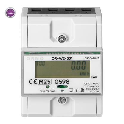 Elektroenerģijas skaitītājs 3F ar LCD displeju, aizņem 4.5 mod., ar MID sertifikātu, 80A, uz DIN sliedes, OR-WE-520, ORNO