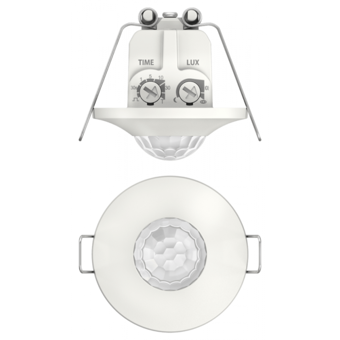 Infrasarkanais kustības sensors, iebūvēšanai griestos, balts, darbības zona līdz Ø8m, IP55, 360°, thePiccola P360-100 DE WH, THEBEN