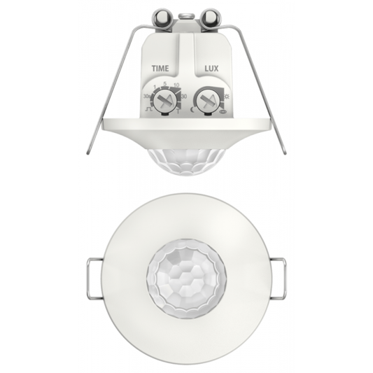Infrasarkanais kustības sensors, iebūvēšanai griestos, balts, darbības zona līdz Ø8m, IP55, 360°, thePiccola P360-100 DE WH, THEBEN