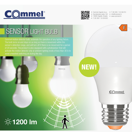 LED spuldze ar kustības sensoru, 3-5m, 12W, E27, 4000K, 30000h, 1200lm, COmmel