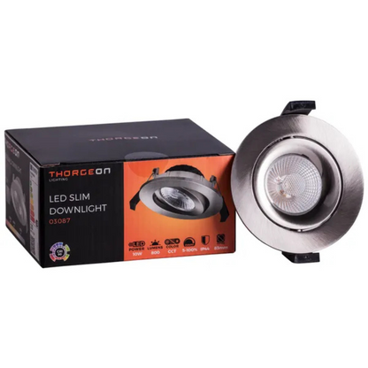 Gaismeklis LED, iebūvējams, Downlight, matēts niķelis, 10W, 3000K/4000K/5700K, 800Lm, 220V, IP44, dimmējama, 83mm cauruma diametrs, THORGEON