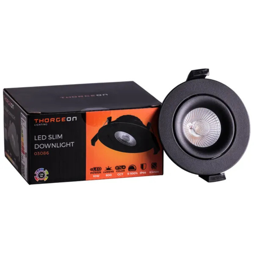Gaismeklis LED, iebūvējams, Downlight, melns, 10W, 3000K/4000K/5700K, 800Lm, 220V, IP44, dimmējama, 83mm cauruma diametrs, THORGEON