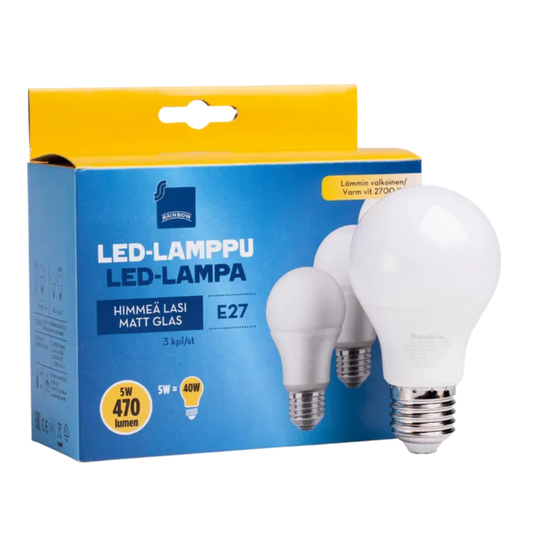 LED spuldze 5W, A60, E27, 2700K, 470lm, cena par komplektu - 3 gab., Rainbow (by Philips)