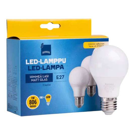 LED spuldze 9W, A60, E27, 2700K, 806lm, cena par komplektu - 3 gab., Rainbow (by Philips)