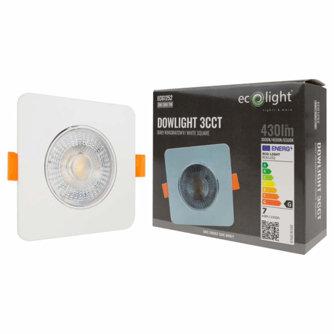 Gaismeklis LED, iebūvējams, Downlight, balts, ar maināmu jaudu - 3W/5W/7W un spektru - 3000K/4000K/6500K (CCT), ECOLIGHT