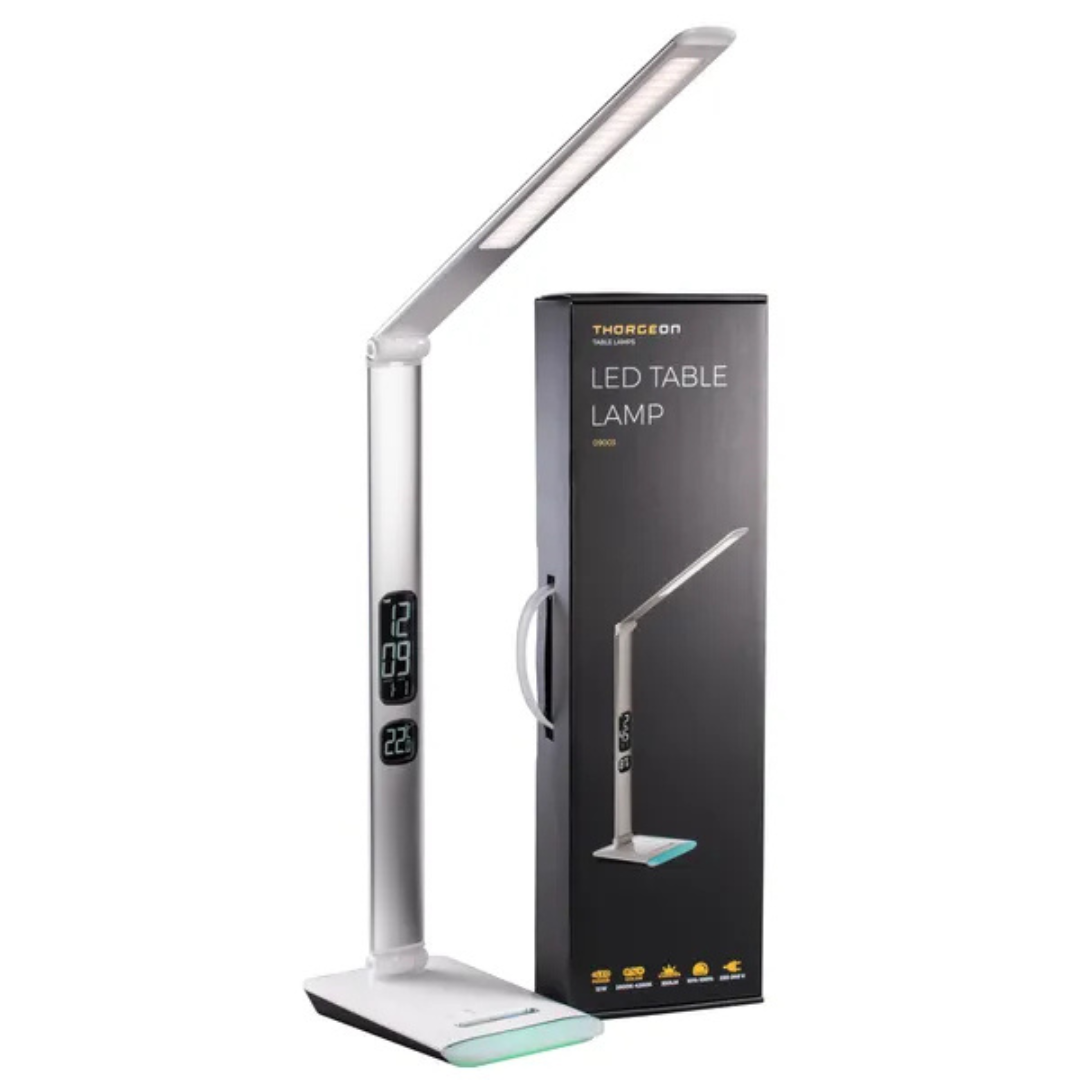 Galda lampa LED, 12W, 2800K-6000K, var regulēt spožumu (Dimmable), ar pulksteni un telpas termometru, THORGEON