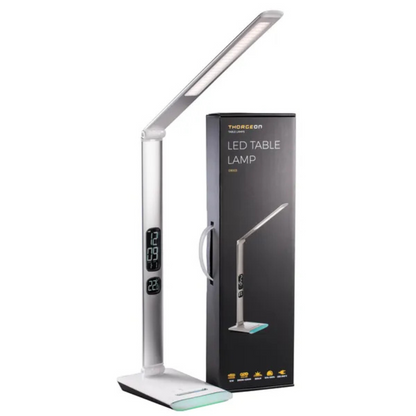 Galda lampa LED, 12W, 2800K-6000K, var regulēt spožumu (Dimmable), ar pulksteni un telpas termometru, THORGEON