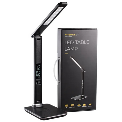 Galda lampa LED, 9W, ar bezvada ladētāju (Wireless charge), var regulēt spožumu (Dimmable) un spektru 2800K-6000K, ar pulksteni un telpas termometru, THORGEON