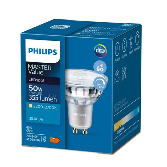 LED spuldze 4.9W (50W pēc hal.spuldzes standarta), GU10, 2200-2700K (silta gaisma), 355lm, 25000h, 220-240V/50Hz, PHILIPS