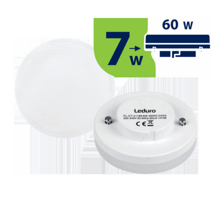 LED spuldze 7W, GX53, 3000K, 600lm, 220-240V, (D75 mm / H 28mm), LEDURO